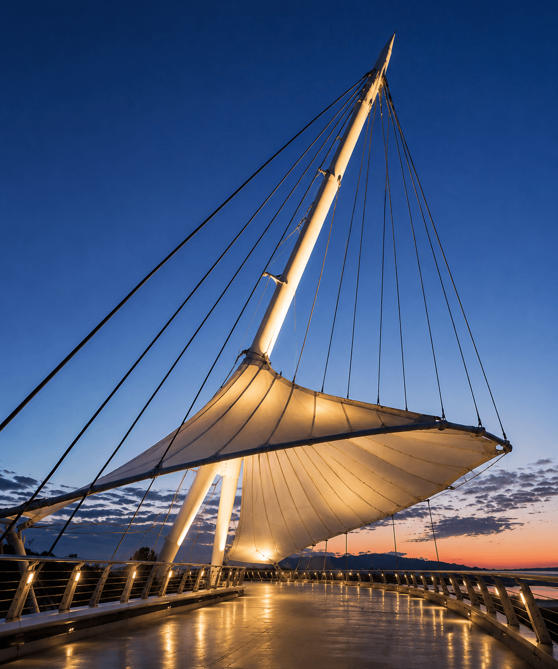 Aerial view of a tensile membrane roof structure at dusk