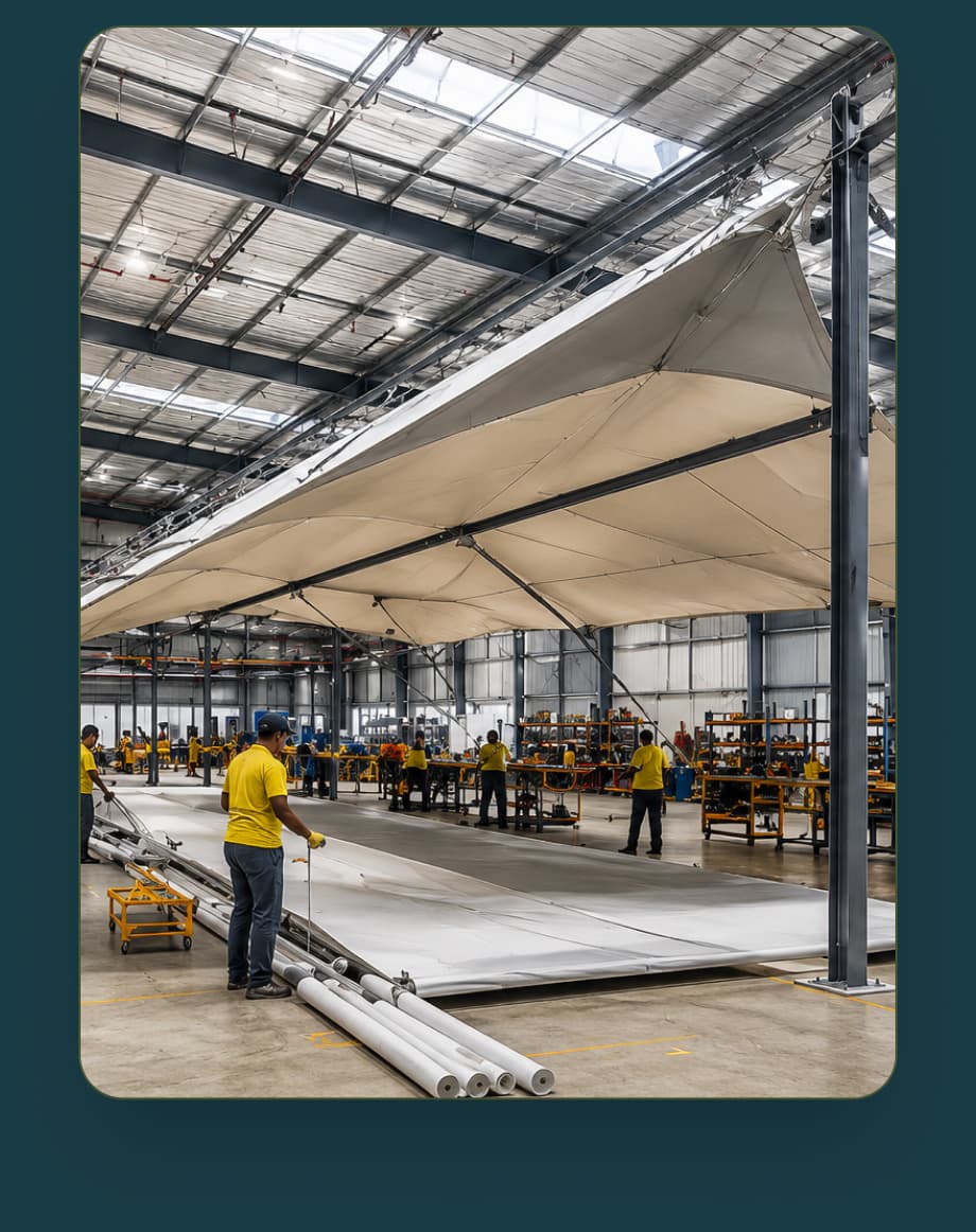 Workers installing tensile membrane inside an in-house fabrication facility