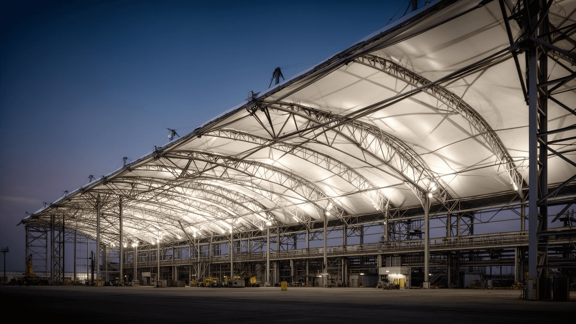 Industrial warehouse with tensile membrane roofing structure