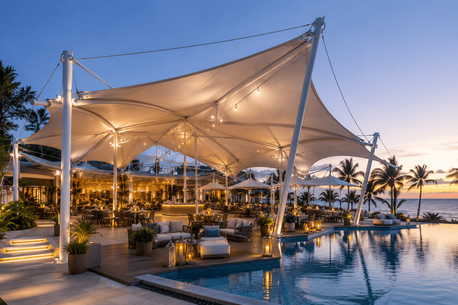 Resort hospitality event tensile structure at night