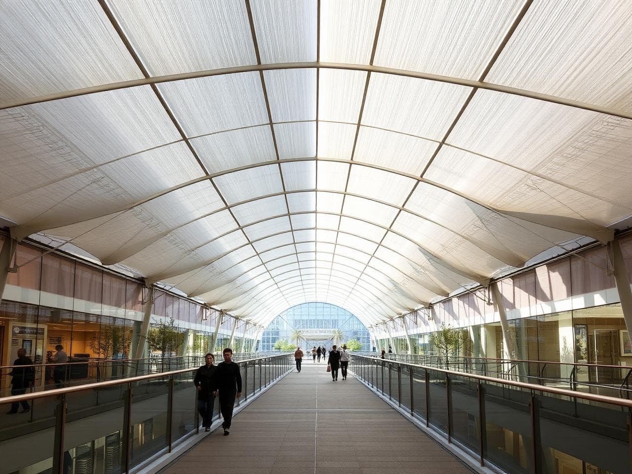 Pedestrian walkway tensile corridor roofing